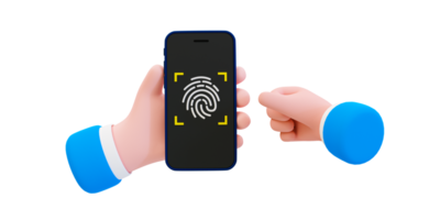 3d minimaal vingerafdruk verificatie. gebruik authenticatie. veiligheid bescherming systeem. hand- Holding een smartphone met een vingerafdruk scannen icoon. 3d renderen illustratie. png