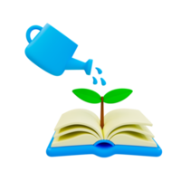 3d minimal development of learning. Watering can watering the plants growing out of the book. 3d rendering illustration. png