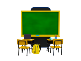 3d minimal online classroom. e-learning concept. blank school blackboard on a smartphone screen, table, chair, and educational supplies. 3d rendering illustration. png