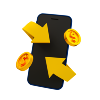 3d minimal finanziell Konzept. Geld Verkehr Konzept. Smartphone mit Münzen und Pfeil. 3d Rendern Illustration. png