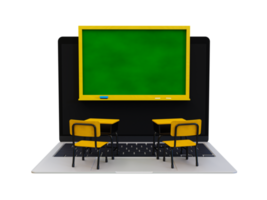 3d minimaal online klas. e-learning concept. blanco school- schoolbord Aan een laptop scherm, tafel, stoel, en leerzaam benodigdheden. 3d renderen illustratie. png