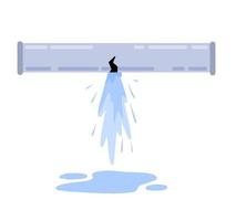 Leak in water pipe. Plumber service. Broken sewer and water supply. Splashes and puddle. Crack in tube. Flat cartoon vector