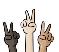 Multiculturalism and diversity. Cartoon Hands show victory sign. Fingers with V vector