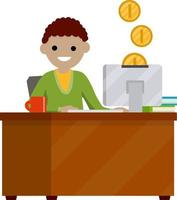 Man sit at table with computer. Online income and salary. Gold coins.. Work freelance and programmer Cartoon flat illustration vector