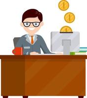 Man sitting at table with computer and typing text message. Salary on Internet. Cartoon flat illustration. Gold Coins are falling in money box in monitor. Employee at work in office. Online earnings vector