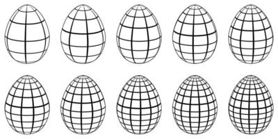 Set of 3d eggs with horizontal and vertical lines, meridians and parallels, vector 3d eggs stylized as globe