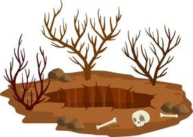 Big hole in ground. Brown dry soil and mine with skull. Human bone. vector