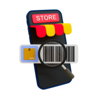 3d minimal Barcode scannen. Produkt Qualität Inspektion. Qualität Steuerung und Produkt Zufriedenheit. Schaufenster Smartphone mit Produkt Barcode gescannt mit ein Vergrößerung Glas. 3d Illustration. png