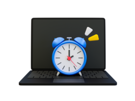 3d minimal financial management. Financial planning concept. investing time. investment planning. Strategic management. Laptop with an alarm clock on top of a pile of money. 3d illustration. png