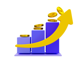 3d minimal financial investment. Business success concept. Financial soaring. Bar graph with a yellow arrow rising. 3d illustration. png