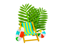 3d mínimo playa tema. relajación tiempo. fiesta viaje viaje. verano vacaciones viaje. playa silla con un playa pelota, playa caucho anillo, y palma hojas. 3d ilustración. png