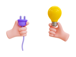 3d minimaal energie besparing concept. elektrisch gebruik makend van concept. globaal opwarming concept. duurzame ontwikkeling. hernieuwbaar groen energie besparing. hand- Holding macht stopcontact met een licht lamp. 3d illustratie. png