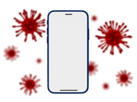 3d minimal news report about virus template. Smartphone mock-up with red viruses as a background. Blank screen smartphone with an epidemic theme. 3d rendering illustration. png