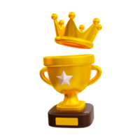 3d minimal winner cup. Achievement award, Trophy cup. Champion trophy, shiny golden cup, Winner award. A champion trophy with a golden crown. 3d rendering illustration. png