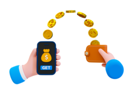 3d minimal online money-making. online money earn concept. online money loan. coins flowing out of a smartphone into a wallet. 3d illustration. png