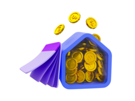 3d minimal Geld sparen Konzept. Einzahlung Geld. Sammeln Geld zum Ruhestand. Investition zum das Zukunft. Geld Verwaltung Konzept. ein Haus Schweinchen Bank mit ein Sparbuch. 3d Illustration. png