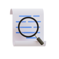 3d file inspection. paperwork examination. document with a magnifying glass. 3d illustration. png