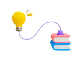 3d minimal learning concept. reading a book to get a new idea concept. educating to get new knowledge. online education concept. light bulb connected to a book. 3d illustration. png