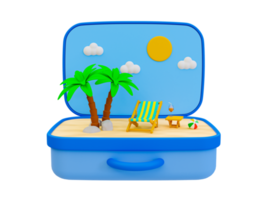 3d minimo estate tema. spiaggia tema. estate vacanza volta. bagaglio con spiaggia composizioni. 3d resa. png