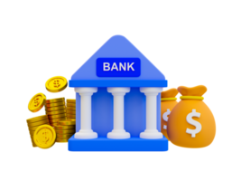 3d minimaal geld besparend concept. bank storting concept. besparing geld voor de toekomst. verzamelen geld in de bank. een bank met een stapel van munten en geld Tassen. 3d illustratie. png