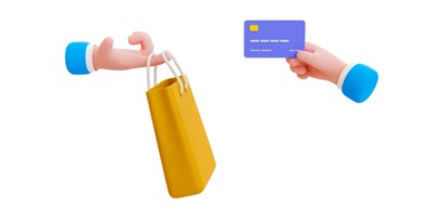 3d minimal shopping concept. Moneyless payment. Product checkout method. Credit card paying. Hand holding a shopping bag with another hand holding a credit card. 3d rendering illustration. png