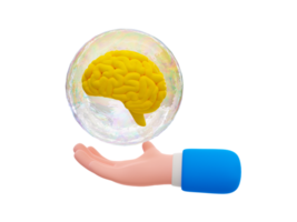 3d cartoon brain development concept. cartoon brain anatomy. Learning to get a new idea. Brain inside a bubble floating on top of a hand. 3d rendering illustration. png