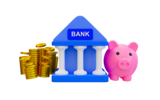 3d minimal Moneysaving concept. bank depositing. Financial planning. Money management concept. bank with a pile of money and a piggy bank. 3d rendering. png