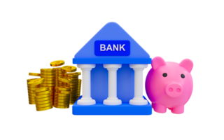 3d minimal Geld sparen Konzept. Bank hinterlegen. finanziell Planung. Geld Verwaltung Konzept. Bank mit ein Stapel von Geld und ein Schweinchen Bank. 3d Wiedergabe. png