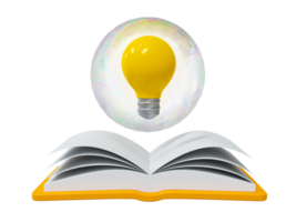 3d educación concepto. estudiar para conocimiento. auto aprendizaje concepto. ligero bulbo en burbujas flotante en parte superior de un libro. 3d representación ilustración. png