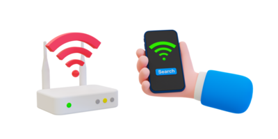 3d Wi-Fi signal sökande. wiFi tjudra. hand innehav smartphone sökande för wi-fi. 3d tolkning illustration. png