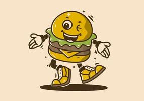 mascota personaje de caminando hamburguesa con contento cara vector