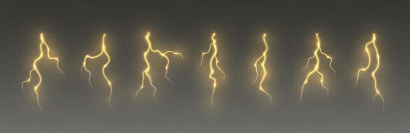 Thunderstorm lightning, thunderbolt strike, realistic electric zipper, energy flash light effect, yellow lightning bolt