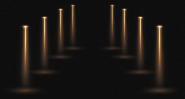 Stage spotlights, realistic light corridor, shiny yellow beams overlay effect for music stage or awards nomination vector