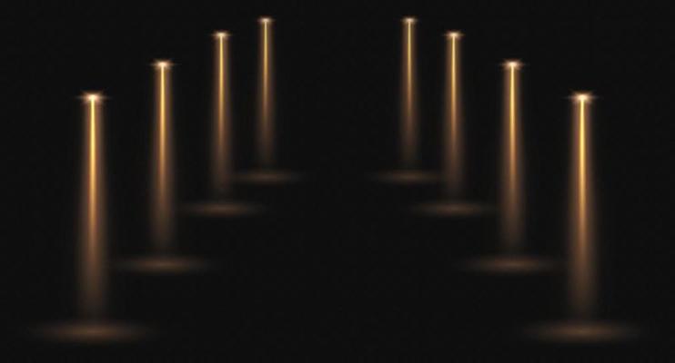 Stage spotlights, realistic light corridor, shiny yellow beams overlay effect for music stage or awards nomination
