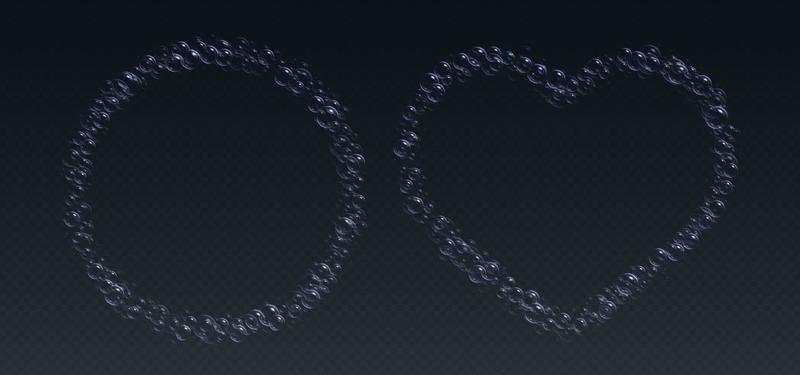 Soap foam frames, realistic shampoo bubbles, bath lather borders in shape of circle and heart.