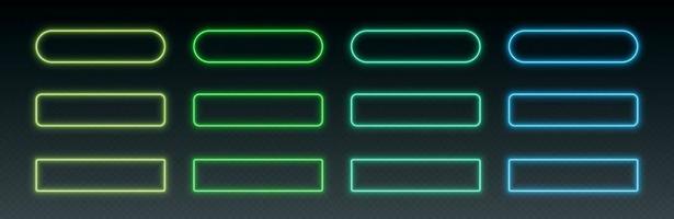 Neon button frames, coloful glowing borders, isolated UI elements. vector