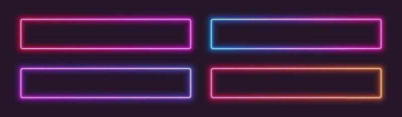 Neon gradient frames, rectangular glowing borders set, colorful futuristic UI design elements.