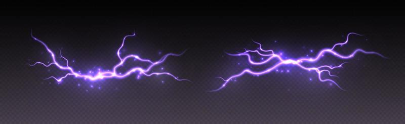 Thunderstorm lightning, thunderbolt strike, realistic electric zipper, energy flash light effect, purple lightning bolt