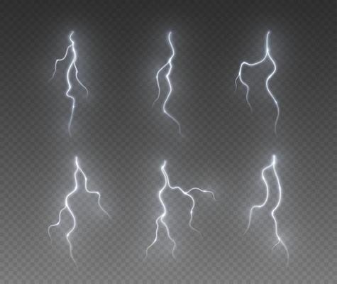 Thunderstorm lightning, thunderbolt strike, realistic electric zipper, energy flash light effect, white lightning bolt