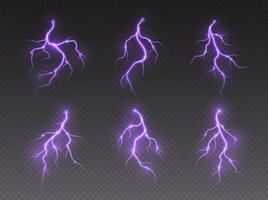 tormenta iluminación, rayo huelga, realista eléctrico cremallera, energía destello ligero efecto, púrpura relámpago tornillo vector
