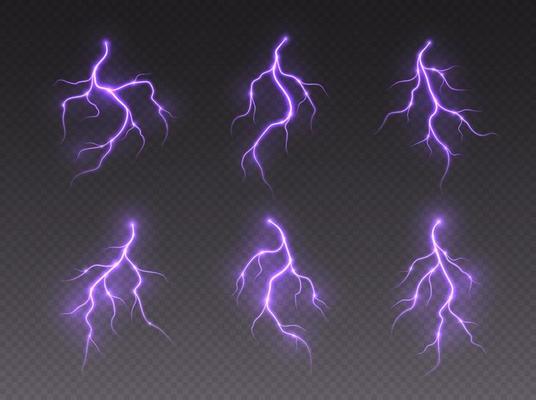 Thunderstorm lightning, thunderbolt strike, realistic electric zipper, energy flash light effect, purple lightning bolt