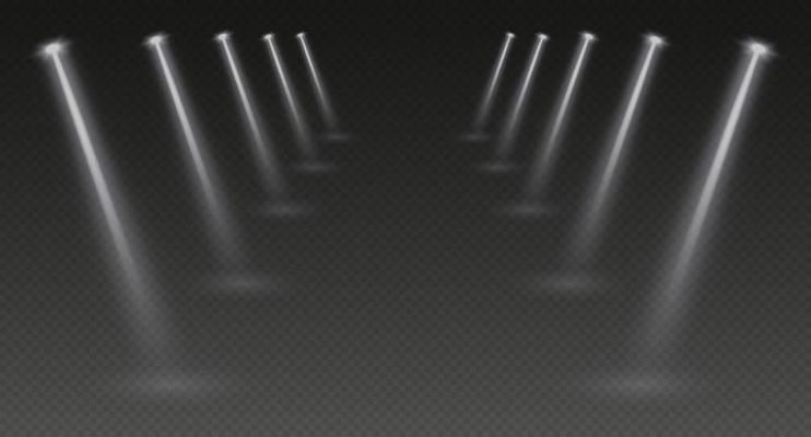 Stage spotlights, realistic light corridor, shiny white beams overlay effect for music stage or awards nomination
