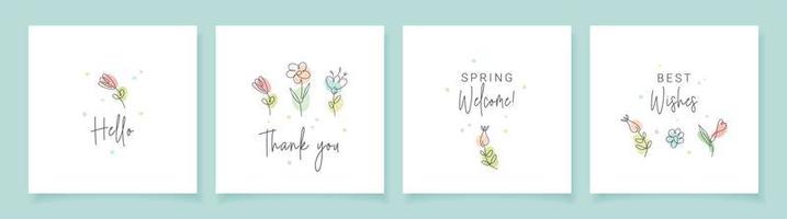 Spring abstract greeting cards, backgrounds with hand drawn line floral elements. Trendy design with typography and flowers. Vector template for social media post, invitation, greeting card, banner.