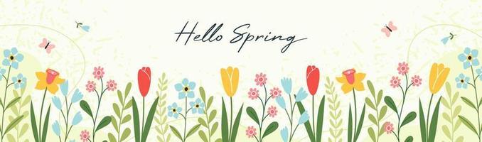 Hello Spring.  Vector horizontal spring banner. Floral green background. Tulips, colorful spring flowers and branches with leaves. Handwritten lettering.