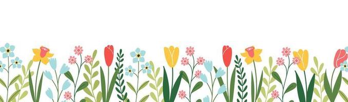 Horizontal banner or floral background decorated colorful flowers and leaves. Spring summer botanical seamless border. vector