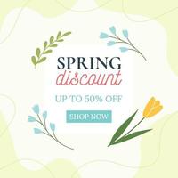 Spring Sale. Trendy floral green background. Minimalistic style with floral elements. Vector template for a postcard, banner, invitation, social media post, poster, mobile applications.