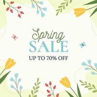 Spring Sale. Trendy floral green background. Minimalistic style with floral elements. Vector template for a postcard, banner, invitation, social media post, poster, mobile applications.