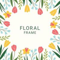 Spring floral square background. Floral frame. Lovely spring summer flowers and branches with leafs. Vector template for card, banner, invitation, social media post, poster.