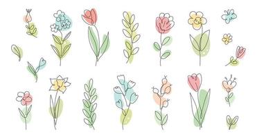 Vector set flowers, branches, leaves in simple minimalist continuous outline line style for logo, wedding design, greeting cards. Spring Summer floral collection. Hand drawn lines.