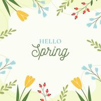 Hello Spring. Trendy floral green background. Minimalistic style with floral elements. Vector template for a postcard, banner, invitation, social media post, poster, mobile applications.